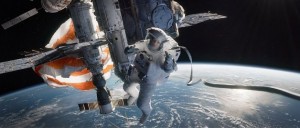Sandra Bullock trying to survive in the film, Gravity.
