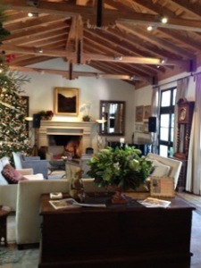 The Cypress Inn lobby, all decorated for Christmas.