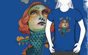 T-shirt called "Into The Storm" by busymockingbird, showing a woman becoming a dragon, covered in scales, heading into clouds